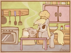 Size: 1024x768 | Tagged: safe, artist:gachucho, derpy hooves, pegasus, pony, cooking, female, food, kitchen, mare, muffin