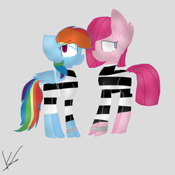 Size: 3000x3000 | Tagged: safe, artist:kcandres, derpibooru import, pinkie pie, rainbow dash, earth pony, pegasus, pony, bound wings, chains, clothes, cuffs, pinkamena diane pie, prison outfit, prison stripes, prisoner pp, prisoner rd, shackles