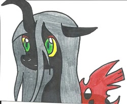 Size: 557x457 | Tagged: safe, artist:cmara, lord tirek, queen chrysalis, changeling, changeling queen, chrysirek, female, fusion, fusion:silphidae, male, shipping, straight, traditional art