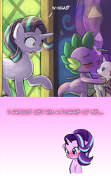 Size: 750x1184 | Tagged: safe, artist:lumineko, artist:potzm, rarity, spike, starlight glimmer, dragon, pony, unicorn, blushing, crush plush, female, jealous, kissing, male, mare, plushie, rarity plushie, shipping, sparilush, sparity, sparlight