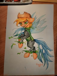 Size: 2448x3264 | Tagged: safe, artist:rizolate, applejack, queen chrysalis, changeling, changeling queen, earth pony, pony, character to character, fake applejack, floppy ears, grin, shapeshifting, smiling, solo, traditional art, transformation