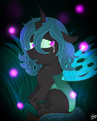 Size: 958x1190 | Tagged: safe, artist:pinkamenascratch, queen chrysalis, changeling, changeling queen, firefly (insect), nymph, crying, cute, cutealis, grass, sad, sitting, solo, younger