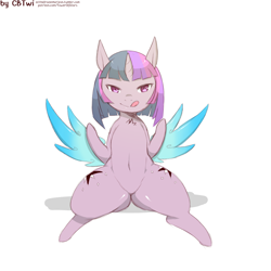 Size: 1200x1200 | Tagged: safe, artist:cold-blooded-twilight, twilight sparkle, twilight sparkle (alicorn), alicorn, pony, belly button, both cutie marks, chest fluff, cold blooded twilight, featureless crotch, female, licking, licking lips, looking at you, mare, simple background, smiling, solo, thick, tongue out, white background