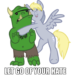 Size: 994x1013 | Tagged: safe, artist:blackfeathr, derpy hooves, pegasus, pony, troll, female, hug, image macro, mare