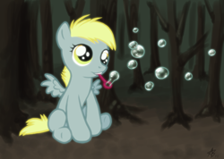 Size: 1140x810 | Tagged: safe, artist:blackfeathr, derpy hooves, pegasus, pony, fanfic:bubbles, bubble, fanfic, female, filly, solo