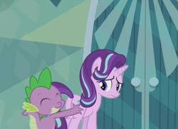 Size: 718x524 | Tagged: safe, screencap, spike, starlight glimmer, dragon, pony, unicorn, the crystalling, butt touch, female, frown, hand on butt, hand on hip, mare, out of context, plot, pushing, rump push, tongue out