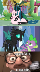 Size: 622x1116 | Tagged: safe, queen chrysalis, spike, thorax, oc, oc:fluffle puff, changeling, changeling queen, dragon, pony, the times they are a changeling, canon x oc, chrysipuff, coincidence i think not, comparison, female, lesbian, male, mare, shipping, the incredibles, tumblr:ask fluffle puff