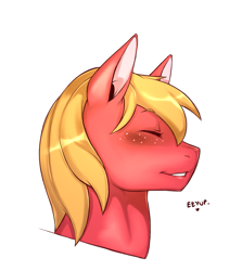 Size: 1129x1265 | Tagged: safe, artist:cold-blooded-twilight, big macintosh, blushing, freckles, male, questionable description, simple background, solo, stallion, transparent background
