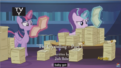 Size: 1281x722 | Tagged: safe, screencap, starlight glimmer, twilight sparkle, twilight sparkle (alicorn), alicorn, pony, the crystalling, discovery family logo, female, levitation, library, magic, mare, meme, scroll, telekinesis, youtube caption, youtube link