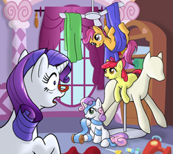 Size: 1800x1600 | Tagged: safe, artist:muffinshire, apple bloom, rarity, scootaloo, sweetie belle, pony, unicorn, carousel boutique, ceiling fan, cutie mark crusaders, derp, glasses, mannequin, open mouth, scootaderp, scrunchy face, wide eyes