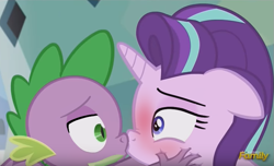 Size: 719x437 | Tagged: safe, edit, edited screencap, screencap, spike, starlight glimmer, dragon, pony, unicorn, the crystalling, bedroom eyes, blushing, discovery family logo, eye contact, female, floppy ears, interspecies, kiss edit, kissing, male, shipping, sparlight, straight, wide eyes