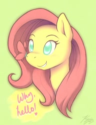 Size: 539x698 | Tagged: dead source, safe, artist:k-y-h-u, fluttershy, butterfly, pegasus, pony, bust, butterfly on nose, female, heart, insect on nose, mare, no pupils, portrait, signature, simple background, solo