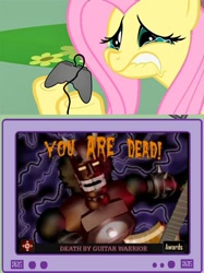 Size: 563x752 | Tagged: safe, fluttershy, pegasus, pony, controller, exploitable meme, female, gamershy, hoof hold, lip bite, mare, meme, pink mane, teary eyes, teeth, total distorsion, tv meme, yellow coat