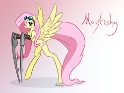 Size: 1280x955 | Tagged: safe, artist:anthropony, fluttershy, mantis, mantis pony, pegasus, pony, goggles