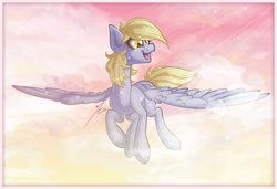 Size: 1000x683 | Tagged: safe, artist:ruaniamh, derpy hooves, sunbeam, pegasus, pony, cloud, cloudy, cutie mark, female, flying, mare, open mouth, smiling, solo, spread wings, wings