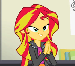 Size: 775x687 | Tagged: safe, screencap, sunset shimmer, equestria girls, rainbow rocks, bedroom eyes, cropped, image macro, meme, smiling, when she smiles