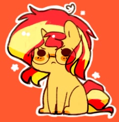 Size: 500x513 | Tagged: safe, artist:luxjii, sunset shimmer, pony, unicorn, ask filly sunset shimmer, cute, filly, filly sunset shimmer, glasses, pusheen thread, red background, shimmerbetes, simple background, solo, younger