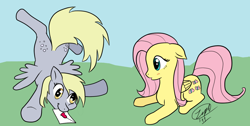 Size: 1280x643 | Tagged: safe, artist:pacce, artist:zeph, derpy hooves, fluttershy, pegasus, pony, derpyshy, female, lesbian, letter, mare, shipping