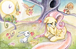 Size: 900x579 | Tagged: safe, artist:sararichard, fluttershy, pegasus, pony, animal, crying, traditional art, tree