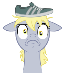 Size: 600x660 | Tagged: safe, artist:blackfeathr, derpy hooves, pegasus, pony, faic, female, frown, glare, mare, moot, parody, shoe on head, shoes, simple background, solo, transparent background