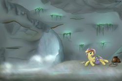 Size: 1800x1200 | Tagged: safe, artist:mattatatta, fluttershy, spike, dragon, pegasus, pony, cave, survivor shy