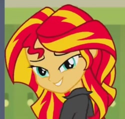 Size: 719x686 | Tagged: safe, screencap, sunset shimmer, equestria girls, rainbow rocks, grin, happy, lidded eyes, smiling