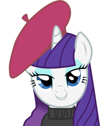Size: 900x1026 | Tagged: dead source, safe, artist:eruvon, rarity, pony, unicorn, alternate hairstyle, beatnik rarity, bedroom eyes, beret, clothes, hat, love face, simple background, solo, transparent background, vector