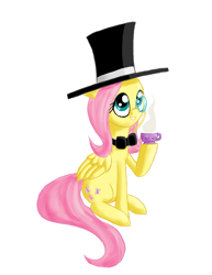 Size: 1433x1860 | Tagged: safe, artist:qaxis, fluttershy, pegasus, pony, bowtie, classy, cup, hat, monocle, solo, tea, teacup, top hat