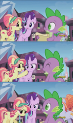 Size: 1280x2144 | Tagged: safe, screencap, amber laurel, ruby love, scarlet heart, spike, starlight glimmer, crystal pony, dragon, pony, unicorn, the crystalling, cute, discovery family logo, female, glimmerbetes, male, mare, out of context, spikabetes, spikelove