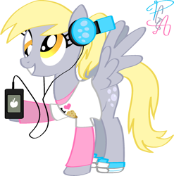 Size: 1592x1611 | Tagged: safe, artist:pa0oliitahw, derpy hooves, pegasus, pony, female, headphones, ipod, mare, modern fashion, ponytail, shoes, sneakers