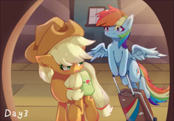 Size: 1440x1000 | Tagged: safe, artist:irenla, derpibooru import, applejack, rainbow dash, earth pony, pegasus, pony, appledash, cowboy hat, cute, dashabetes, female, hat, jackabetes, lesbian, luggage, mare, multicolored hair, shipping, stetson, travel bag