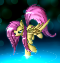 Size: 1900x1984 | Tagged: safe, artist:n1de, fluttershy, pegasus, pony, female, glow, looking at something, looking down, mare, solo, spread wings, three quarter view, touch, water, wings