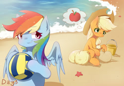 Size: 1440x1000 | Tagged: safe, artist:irenla, derpibooru import, applejack, rainbow dash, earth pony, pegasus, pony, apple, appledash, beach, beach ball, cowboy hat, cute, dashabetes, female, food, hat, jackabetes, lesbian, mare, multicolored hair, sand, shipping, stetson, that pony sure does love apples, thought bubble, water