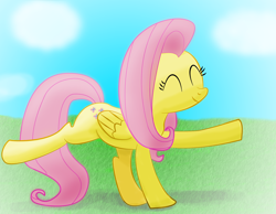 Size: 2250x1750 | Tagged: safe, artist:ciscoql, fluttershy, pegasus, pony, dancing, eyes closed, female, folded wings, grass field, mare, outdoors, raised hoof, raised leg, smiling, solo, wings