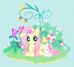 Size: 600x540 | Tagged: safe, artist:kekani, angel bunny, fluttershy, bird, pegasus, pony, cute, duo, floral head wreath, flower, garden