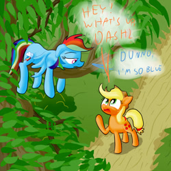 Size: 1000x1000 | Tagged: safe, artist:cgeta, derpibooru import, applejack, rainbow dash, earth pony, pegasus, pony, blue, dialogue, floppy ears, prone, pun, sad, spread wings, tree