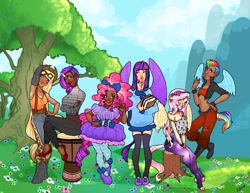 Size: 1280x989 | Tagged: safe, artist:infected-ellis, derpibooru import, applejack, fluttershy, pinkie pie, rainbow dash, rarity, twilight sparkle, twilight sparkle (alicorn), alicorn, human, chaps, dark skin, fashion, feet, floral head wreath, galaxy leggings, goggles, harajuku tights, hippieshy, horned humanization, humanized, light skin, mane six, suspenders, tailed humanization, undercut, winged humanization