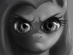 Size: 1440x1080 | Tagged: safe, artist:raikoh, fluttershy, pegasus, pony, detailed, female, grayscale, looking at you, monochrome, nightmare fuel, solo, the stare