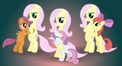 Size: 4400x2400 | Tagged: safe, artist:odooee, apple bloom, fluttershy, scootaloo, sweetie belle, earth pony, pegasus, pony, unicorn, cutie mark crusaders, female, filly, hug, mare, multeity