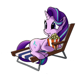 Size: 1200x1200 | Tagged: safe, artist:vistamage, starlight glimmer, pony, unicorn, the crystalling, female, food, mare, on side, popcorn, simple background, smiling, solo, transparent background