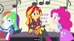 Size: 2560x1425 | Tagged: safe, screencap, pinkie pie, rainbow dash, sunset shimmer, equestria girls, rainbow rocks, guitar, meme, music notes, piano, youtube caption