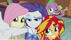 Size: 1361x761 | Tagged: safe, screencap, fluttershy, rarity, spike, sunset shimmer, dog, equestria girls, rainbow rocks, faic, photobomb, selfie, spike gets all the mares, spike the dog