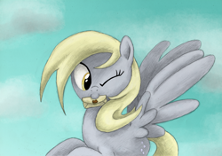 Size: 3481x2457 | Tagged: safe, artist:hewison, derpy hooves, pegasus, pony, female, high res, letter, mare, solo, wink