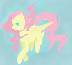 Size: 1451x1303 | Tagged: safe, artist:viltej, fluttershy, pegasus, pony, abstract background, female, flying, looking at you, mare, smiling, solo, spread wings, three quarter view, windswept mane, wings