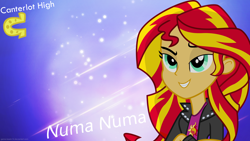 Size: 2560x1440 | Tagged: safe, artist:deathnyan, artist:givralix, artist:vaux111, sunset shimmer, equestria girls, bedroom eyes, canterlot high, horseshoes, logo, numa numa, smiling, vector, wallpaper