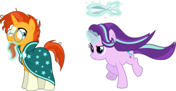 Size: 5947x3073 | Tagged: safe, artist:osipush, starlight glimmer, sunburst, pony, unicorn, hilarious in hindsight, magic, scissors, simple background, sweat, telekinesis, this will end in tears, transparent background