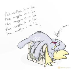 Size: 1467x1424 | Tagged: safe, artist:muffinexplosion, derpy hooves, pegasus, pony, companion cube, crossover, female, mare, portal (valve), the cake is a lie