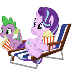 Size: 1035x1005 | Tagged: safe, artist:freak0uo, artist:masem, spike, starlight glimmer, dragon, pony, unicorn, the crystalling, :t, aweeg*, cute, female, food, male, on side, popcorn, popcorn buddies, puffy cheeks, simple background, smiling, transparent background, underhoof, vector