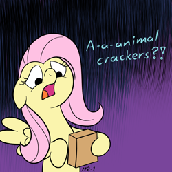 Size: 1024x1024 | Tagged: safe, artist:mr-1, fluttershy, pegasus, pony, animal crackers, dialogue, fluttershy discovers animal crackers, horrified, scared