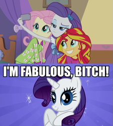 Size: 601x669 | Tagged: safe, fluttershy, rarity, sunset shimmer, equestria girls, rainbow rocks, :3, bitch i'm fabulous, rarity got mail, vulgar